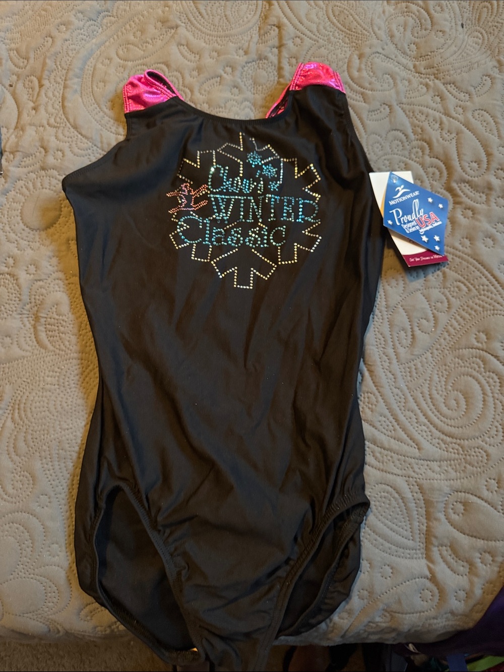 Girls Black Gymnastics Leotard Pink Accent, CowsWinter Classic Rhinestone Detail